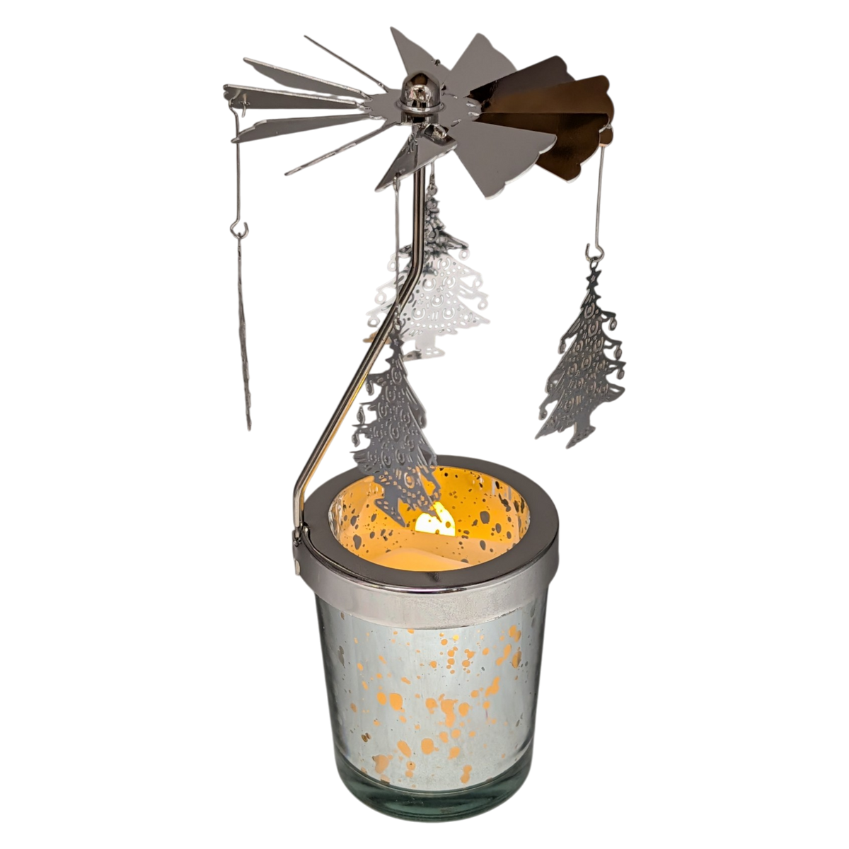 Starry Sky Rotating Candle Holder - Silver with Christmas Tree Dangles
