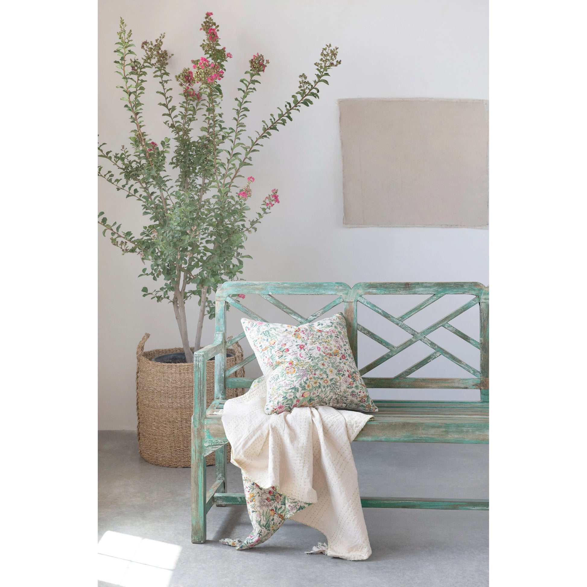 Throw Blanket Quilted Cotton Floral Kantha Stitch w/ Tassels 60 x 50 by Homeportonline
