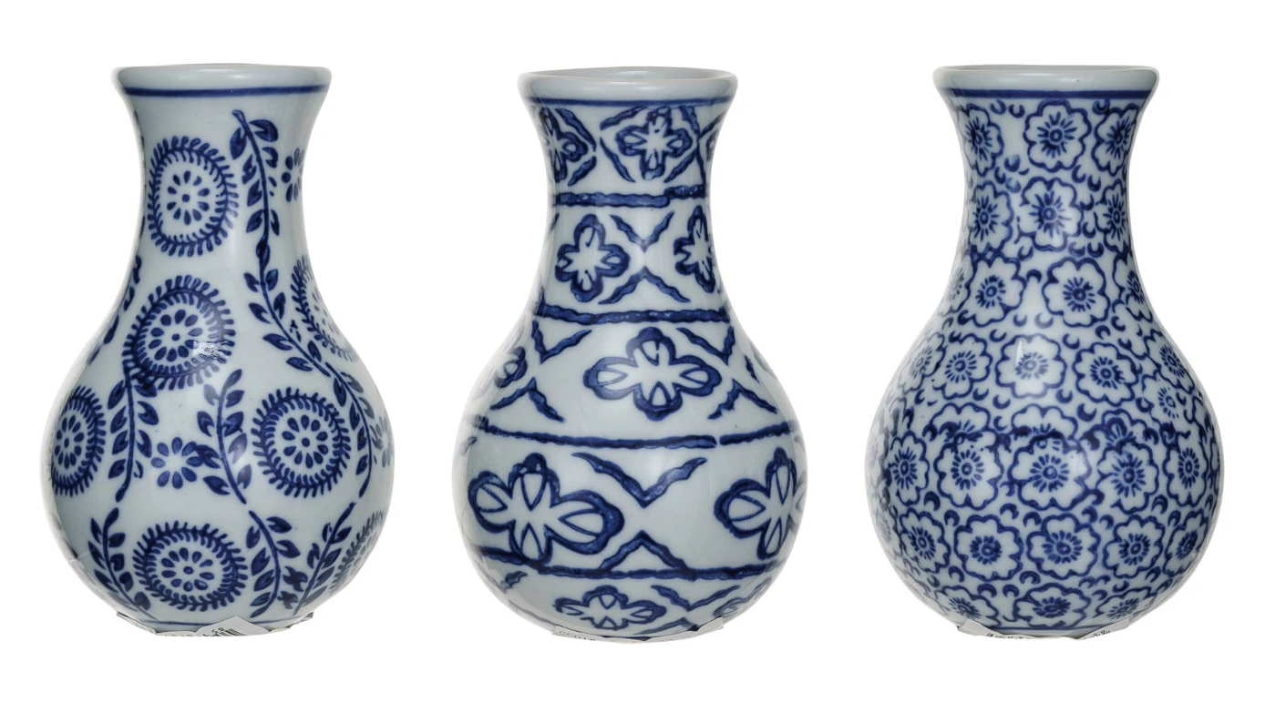 Vase Stoneware Hand-Stamped 3 Styles Blue & White (Sold Individually) by Homeportonline