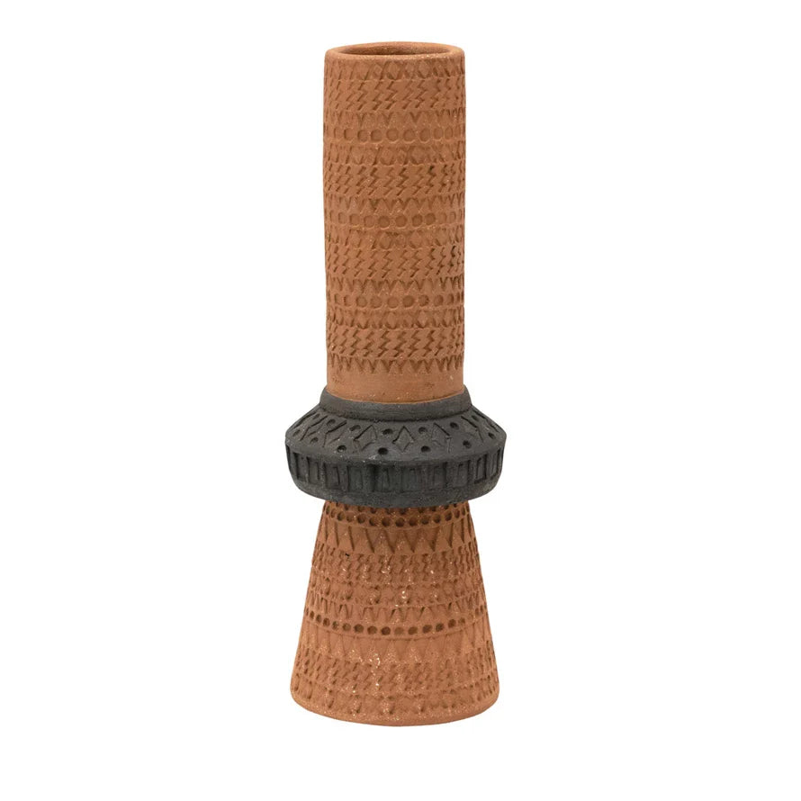 Vase Terracotta Black Embossed Raised Ring 12.25" H by Homeportonline