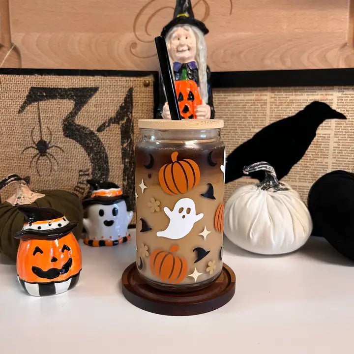 Ghost Cup, Pumpkin Glass Cup, Spooky Cup, Halloween Cup