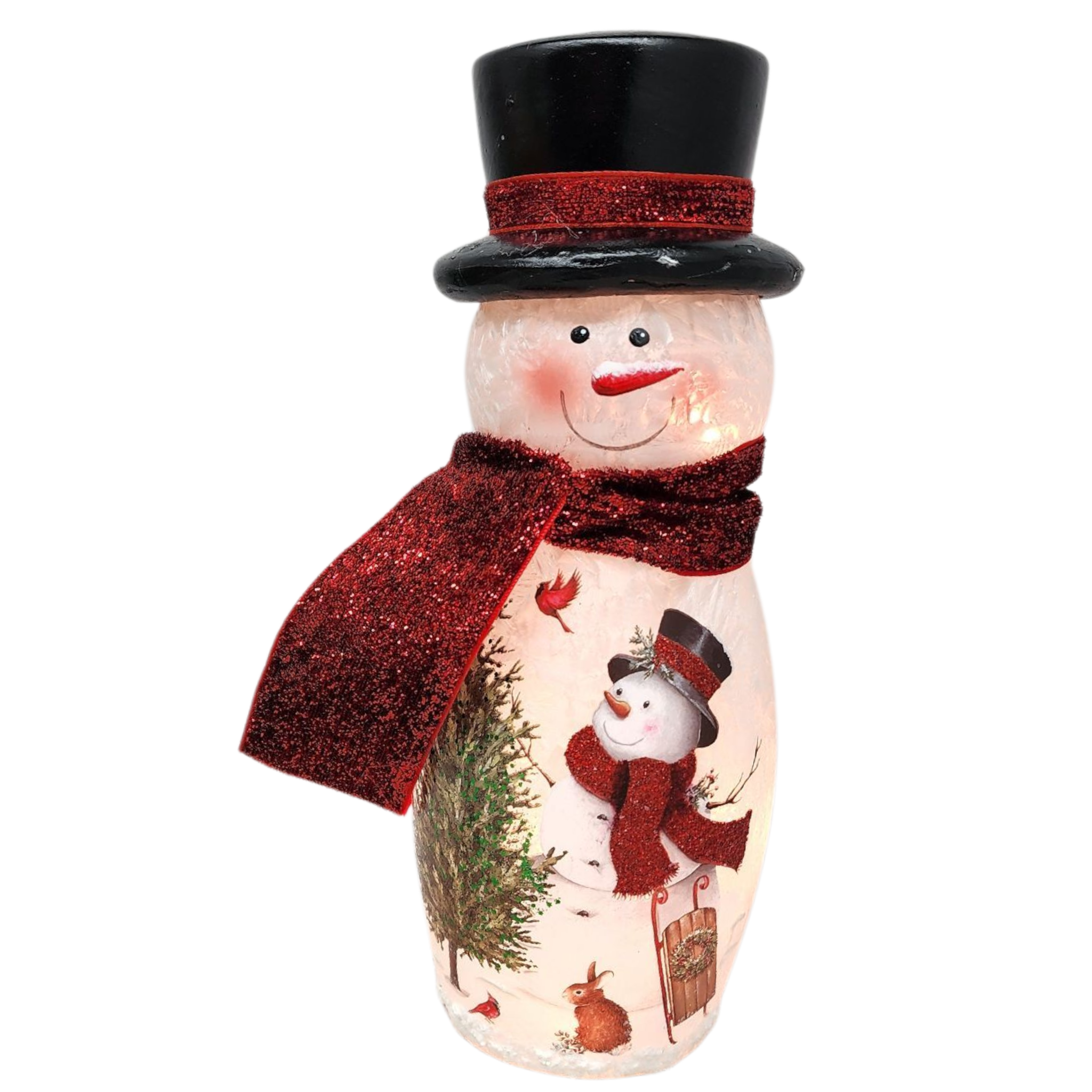 Lighted Glass Vase - Delightful Snowman  -9 Inches tall