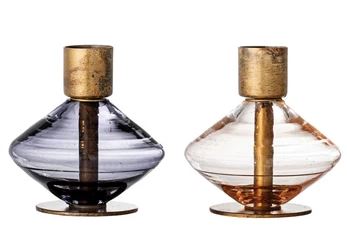 Candle Holder Taper Antique Brass & Glass Blue or Amber Medium Sold Individually by Homeportonline