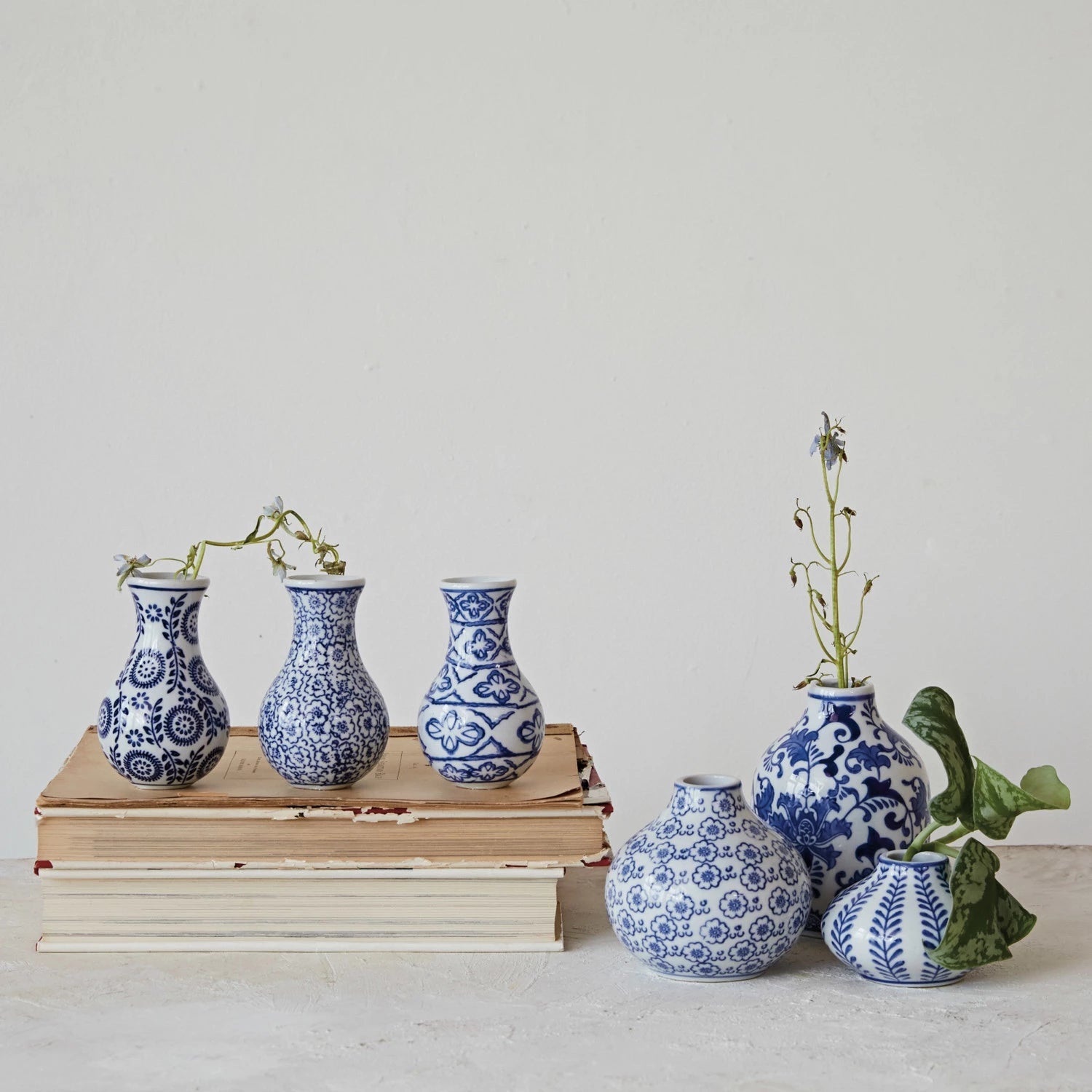 Vase Stoneware Hand-Stamped 3 Styles Blue & White (Sold Individually) by Homeportonline