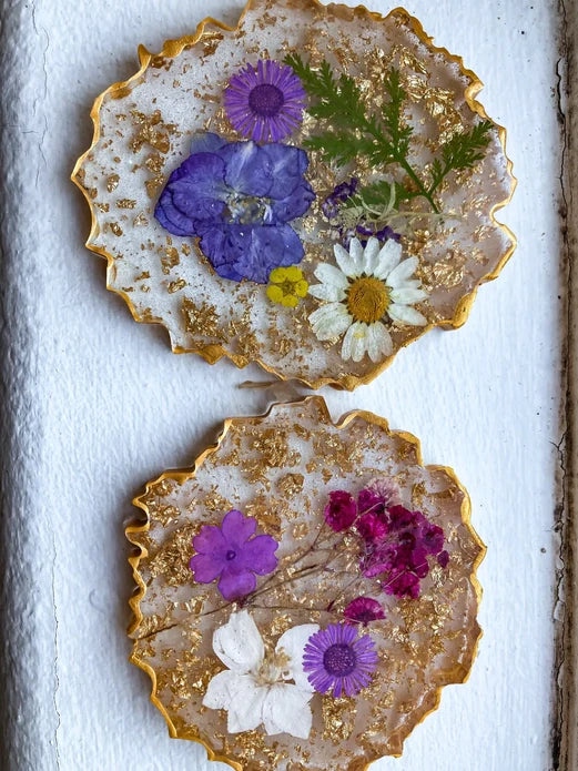 Boho Pressed Flower and Gold Leaf Coaster - Set of 4