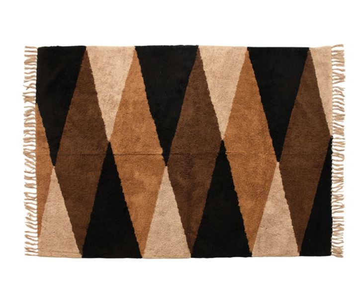 Rug Cotton Tufted Print Browns & Beige Triangle Stripe with Fringe 4' X 6' by Homeportonline