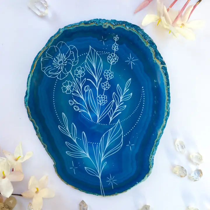 "Moon Blooms" Agate Slice Floral Spring Home Decor Crystal