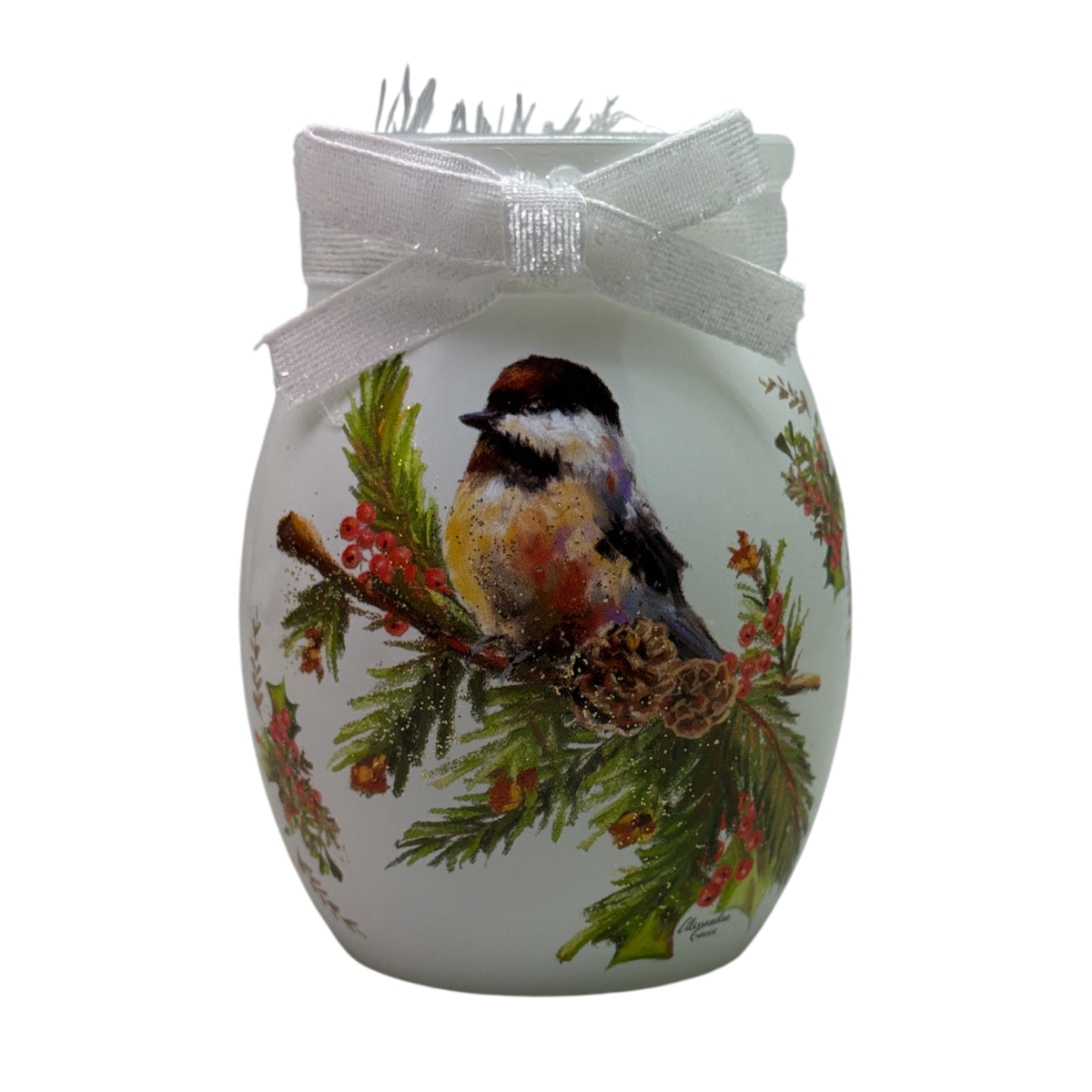 Chickadee Lighted Vase - White Ribbon