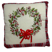 Holiday Wreath Pillow With Plaid Trim