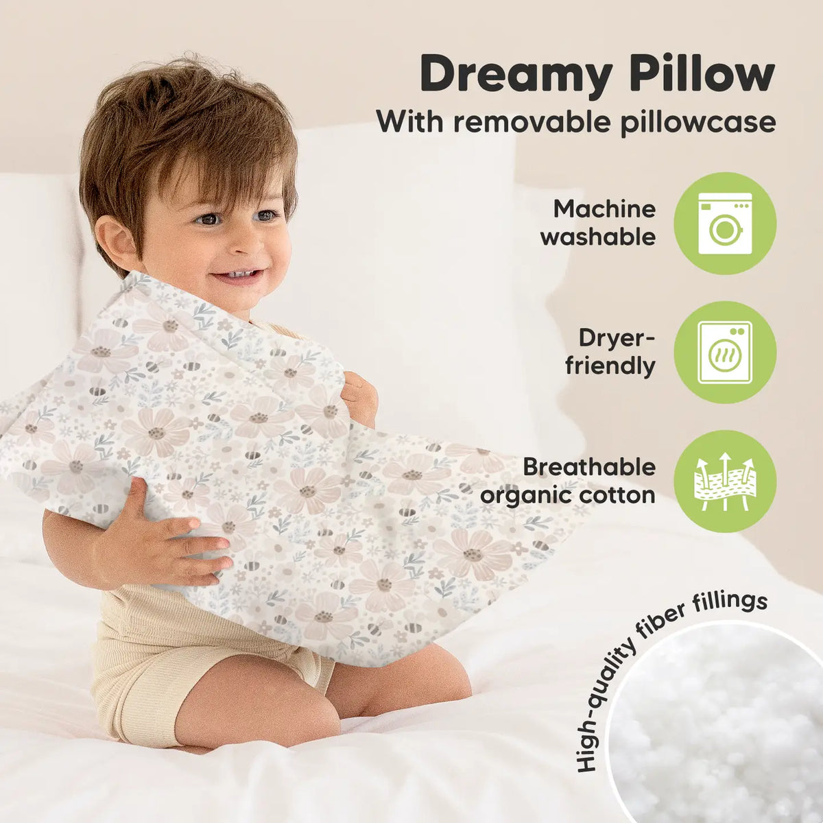 Natural Cotton Ergonomic Toddler Pillow | Floral