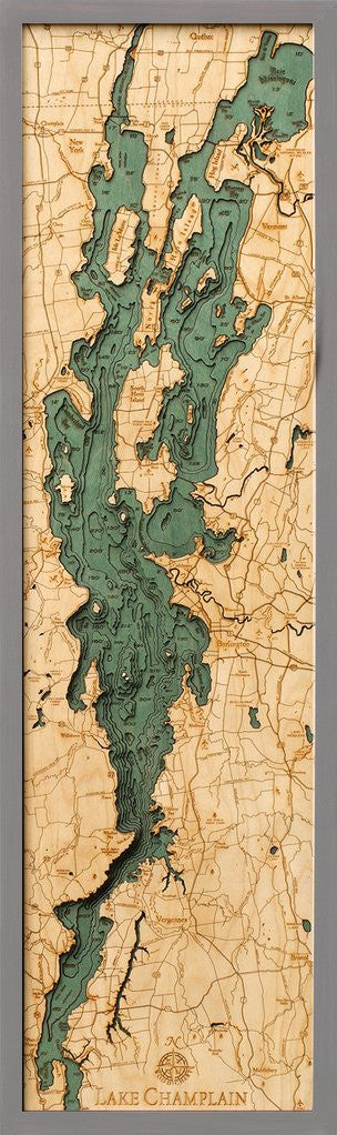 Lake Champlain Map 3 D 13.5 X 43 - Grey Frame by Homeportonline
