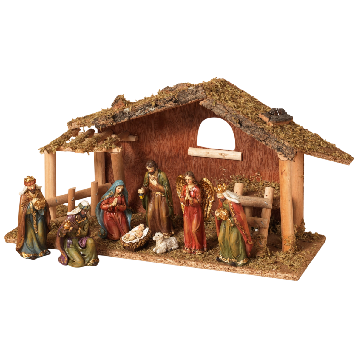 Golden-Touch Resin Nativity Scene with Moss Stable