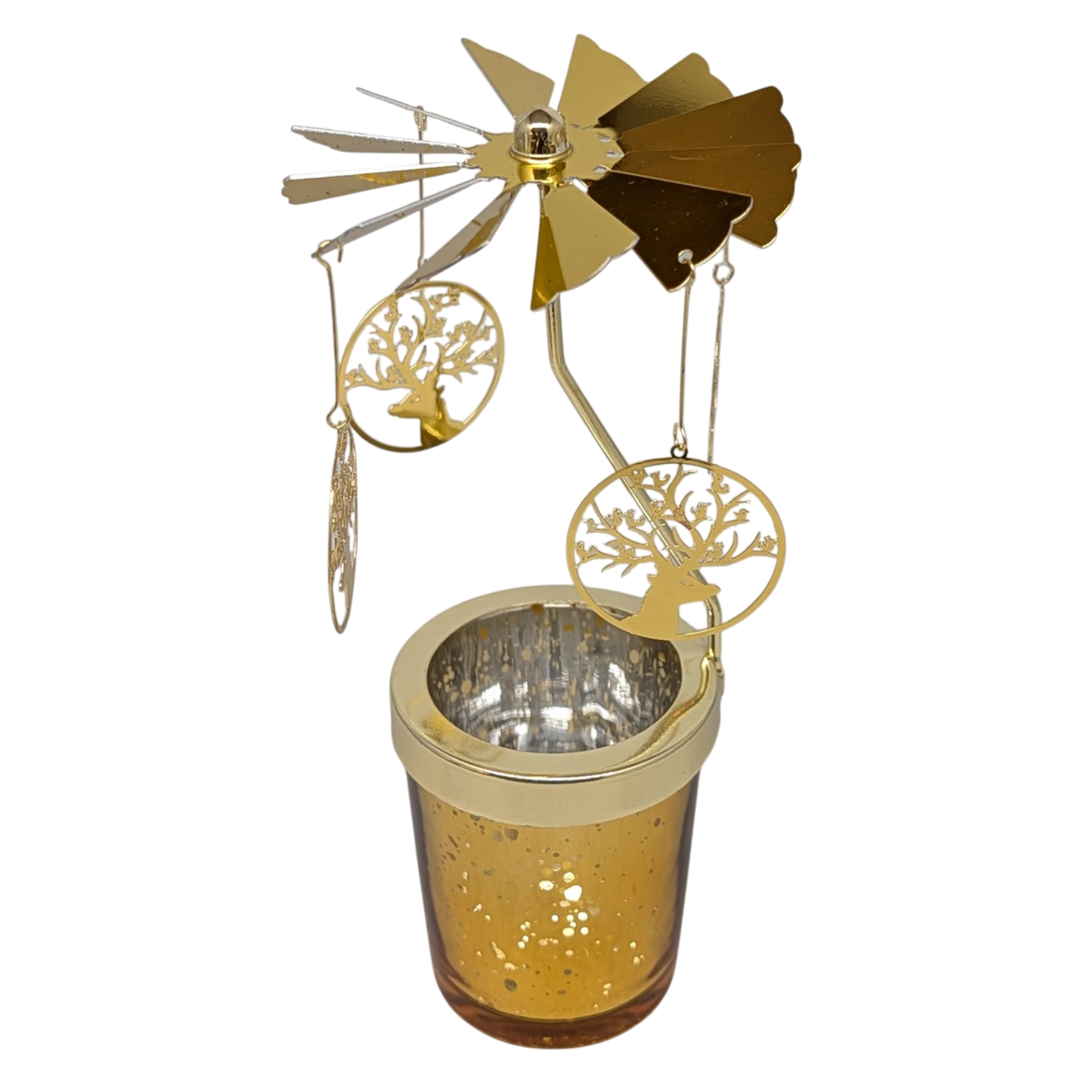 Starry Sky Rotating Candle Holder - Gold with Tree of Life Reindeer Dangles
