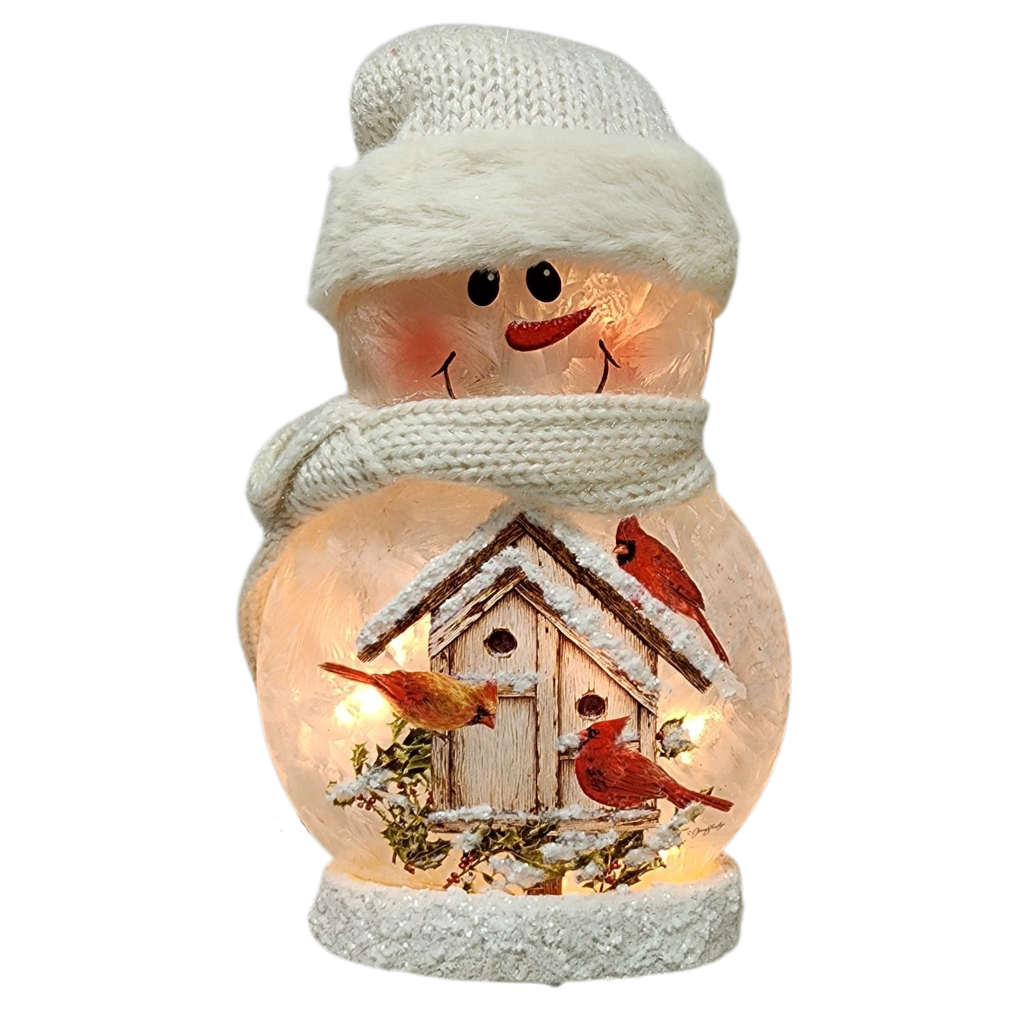 9.5 Inch Lighted Cardinal Glass Snowman - Bird House