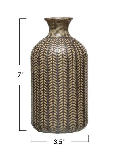 Vase Embossed Stoneware Reactive Glaze Olive Green 7" High Large by Homeportonline