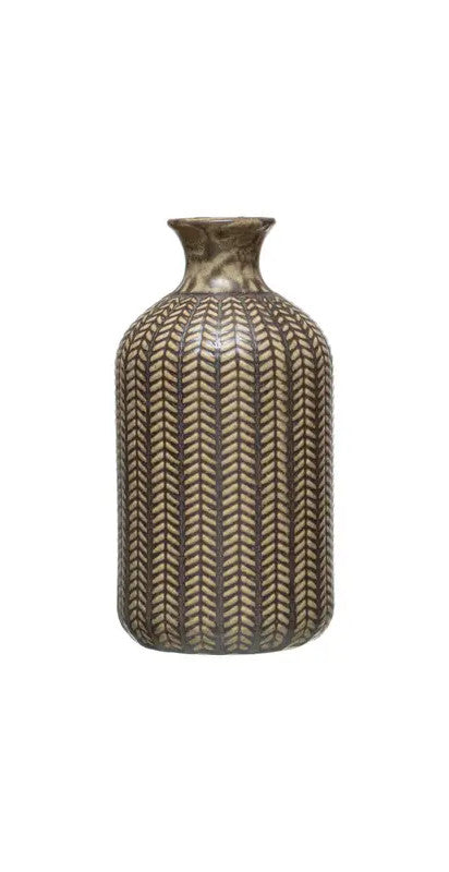 Vase Embossed Stoneware Reactive Glaze Olive Green 7" High Large by Homeportonline