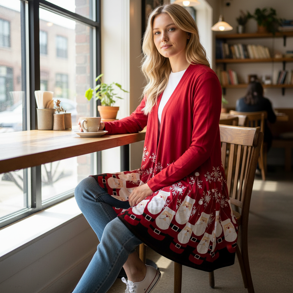 Santa Long Sleeve Open Front Draped Cardigan -