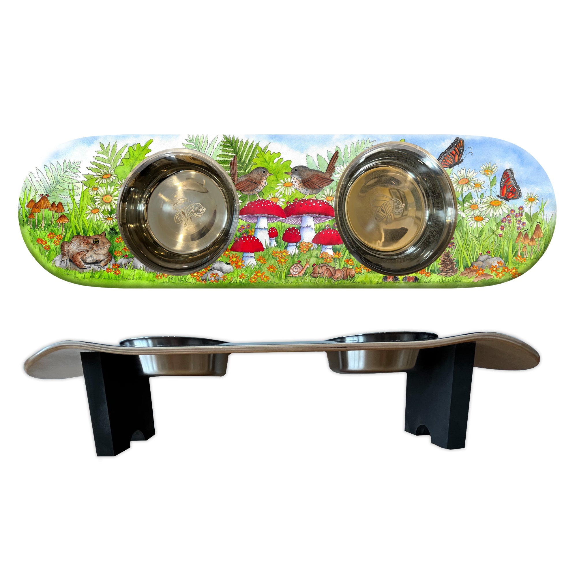 Funky Fungi - Elevated Skateboard Dog Feeding Stand with 2 Bowls