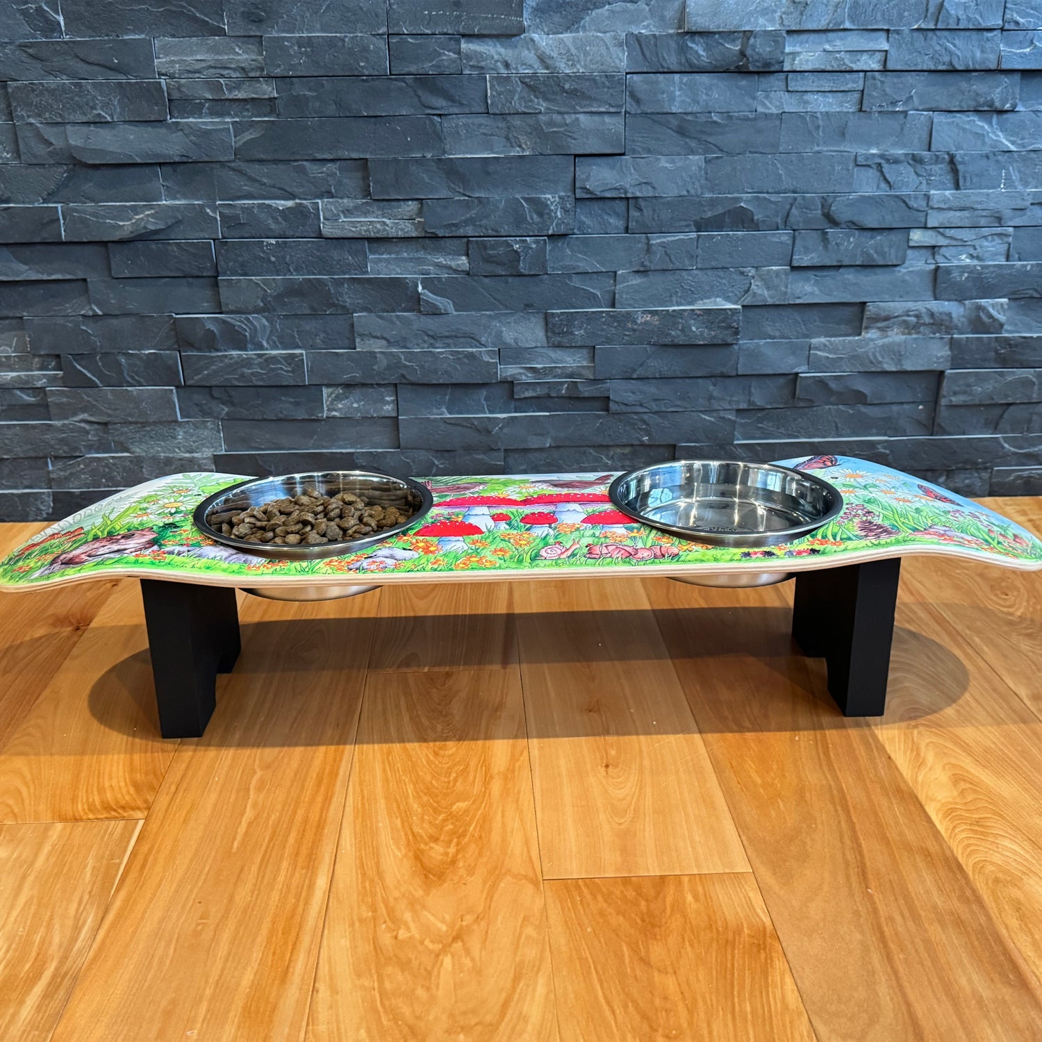 Funky Fungi - Elevated Skateboard Dog Feeding Stand with 2 Bowls