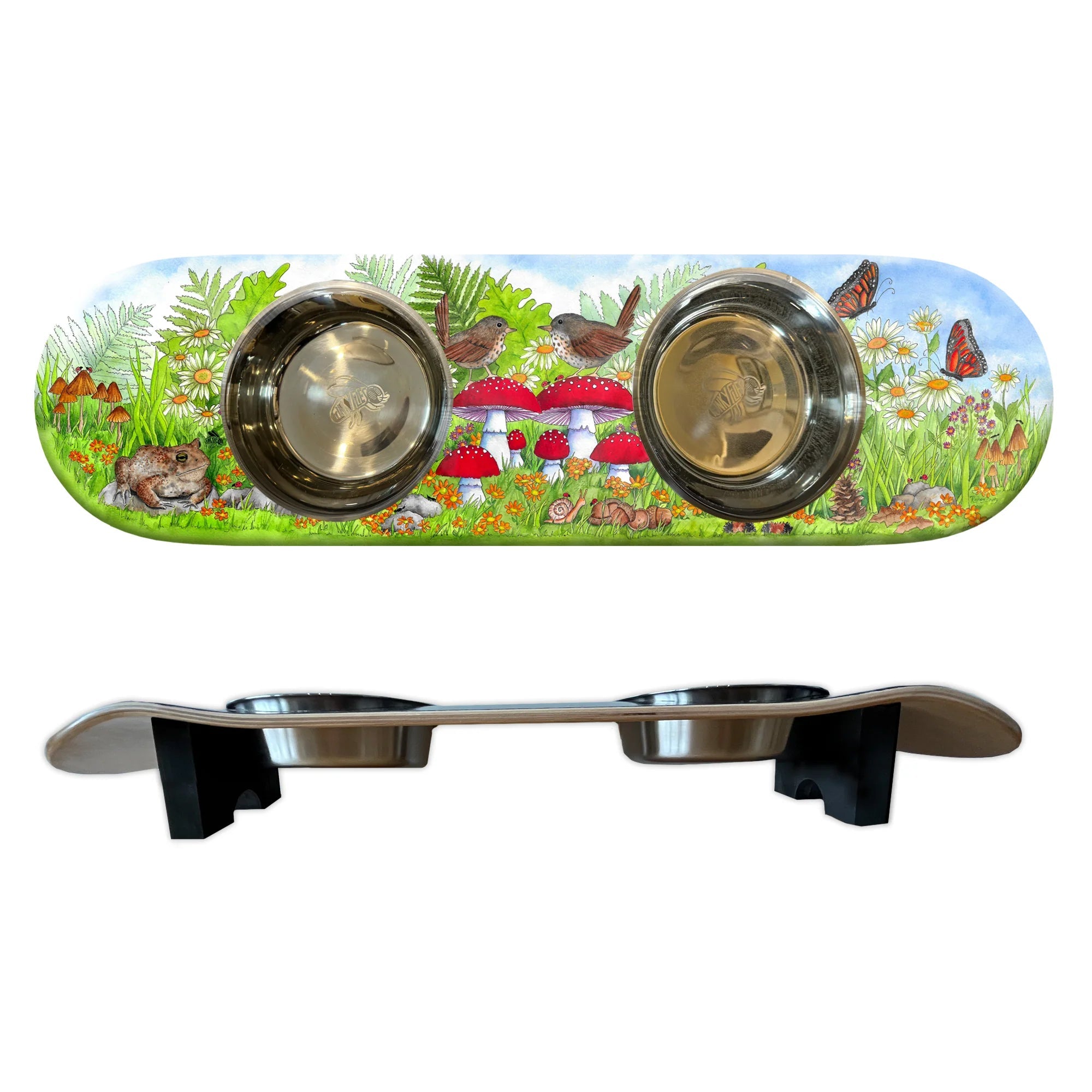 Funky Fungi - Elevated Skateboard Cat Feeding Stand with 2 Bowls
