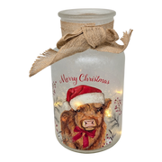 Lighted Frosted Glass Highland Cow Luminary – "Merry Christmas"