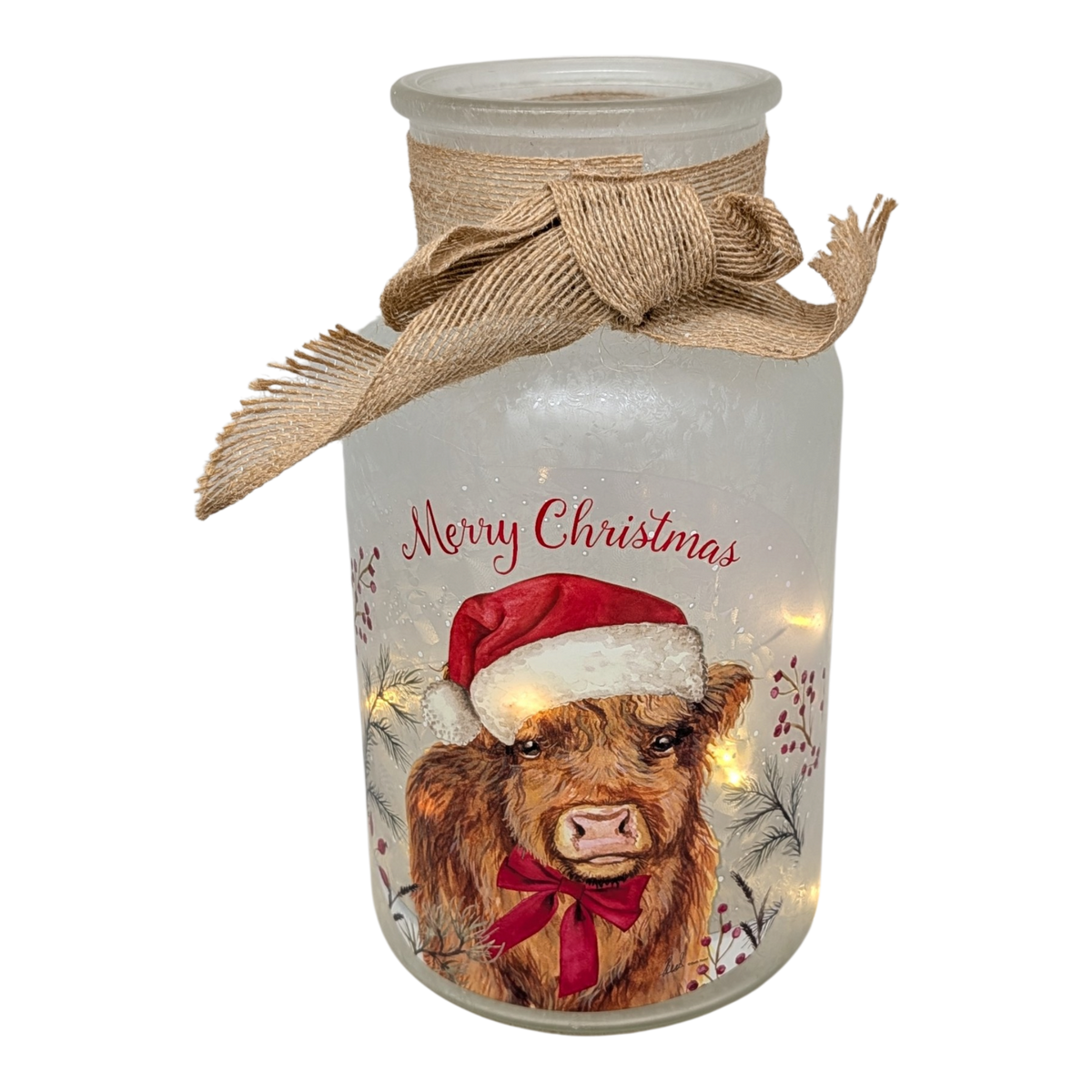 Lighted Frosted Glass Highland Cow Luminary – "Merry Christmas"