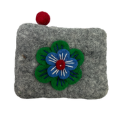 Felt Wool Gray Coin Purse with Flower Applique