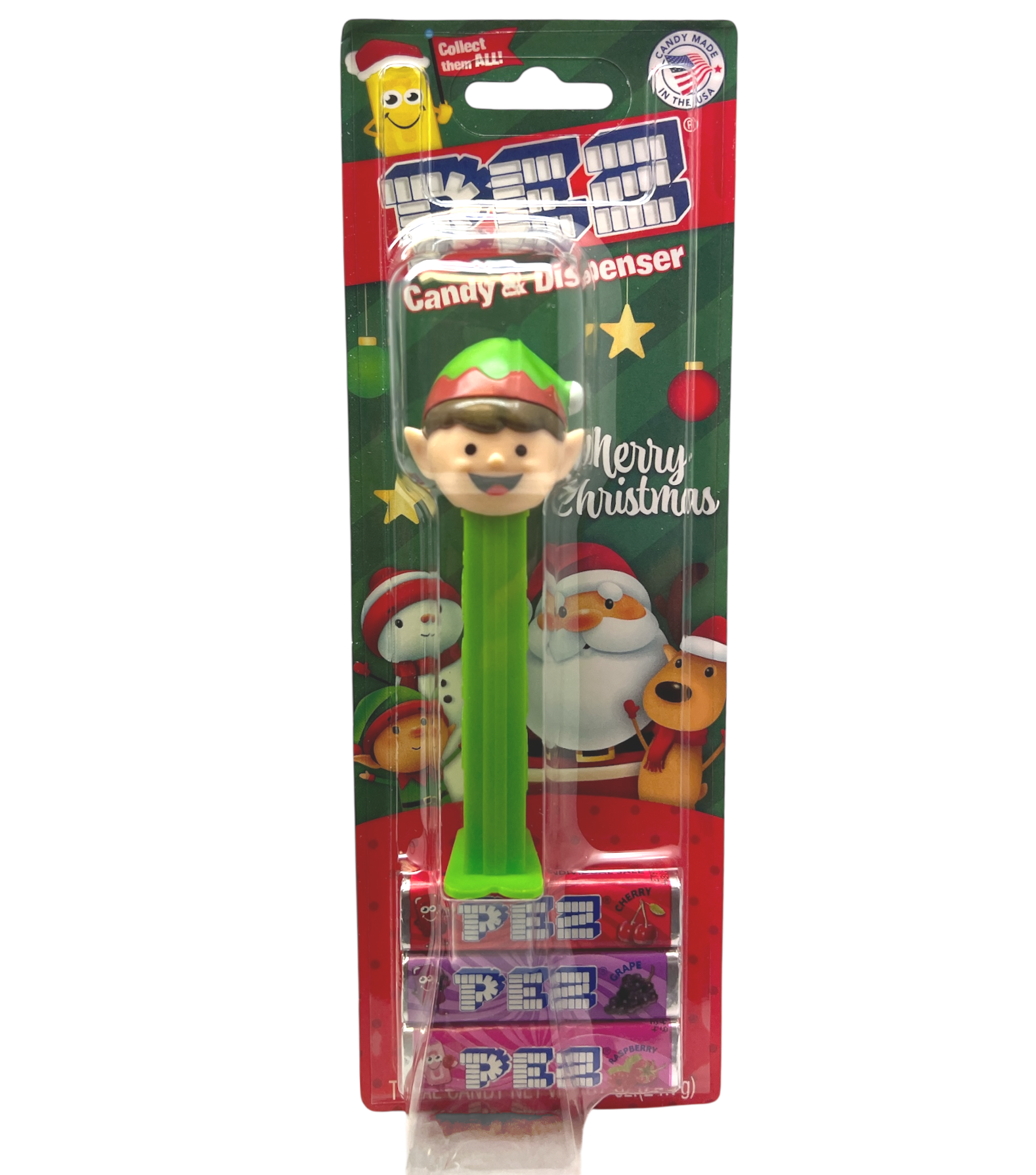 Christmas Pez Dispenser with 3 Rolls of Candy - Elf With Green Base
