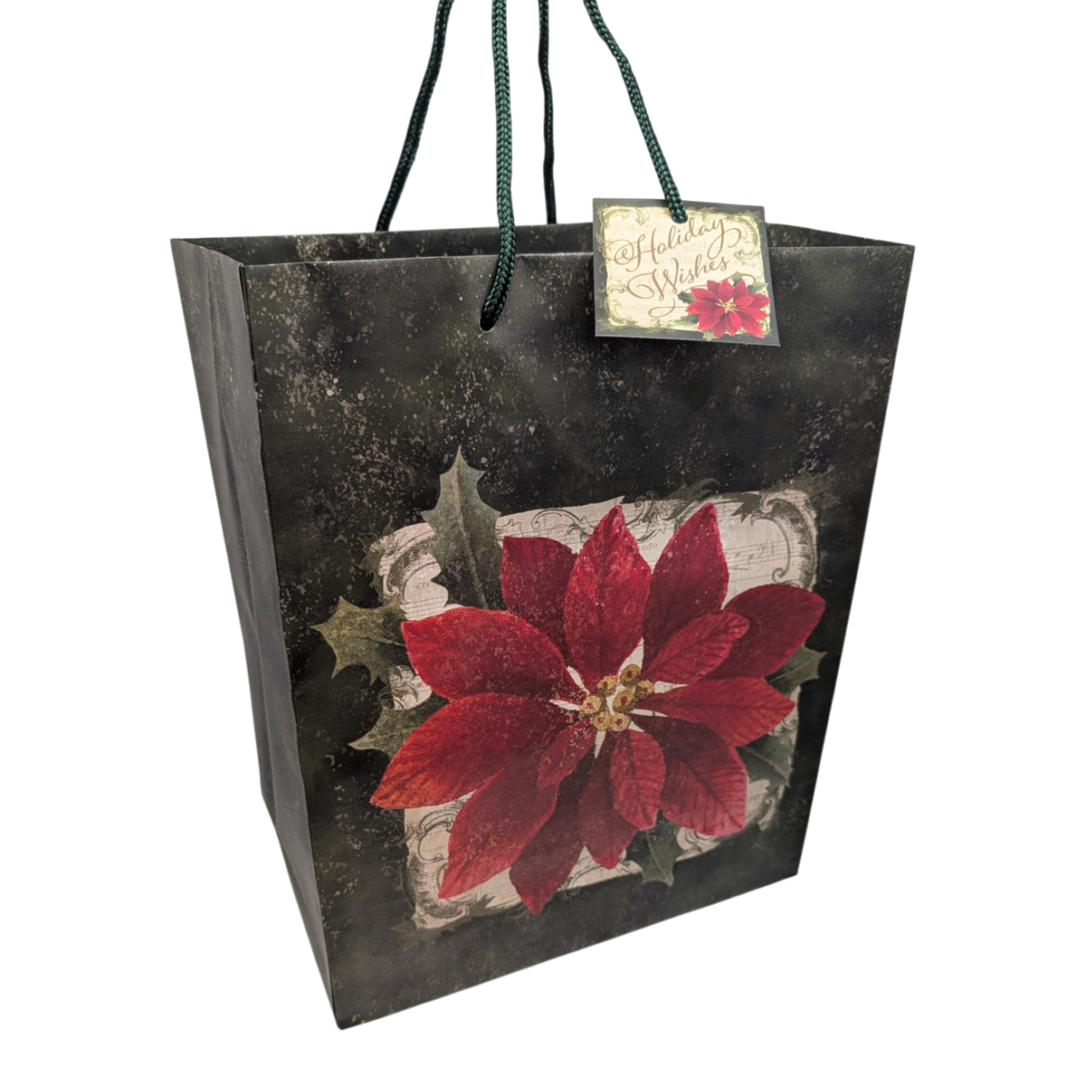 Holiday Wishes Large Gift Bag (Poinsettia on Distressed Dark Green)