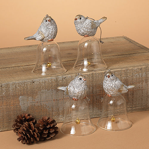 Holiday Bird On Top Of Glass Bell - Ornament