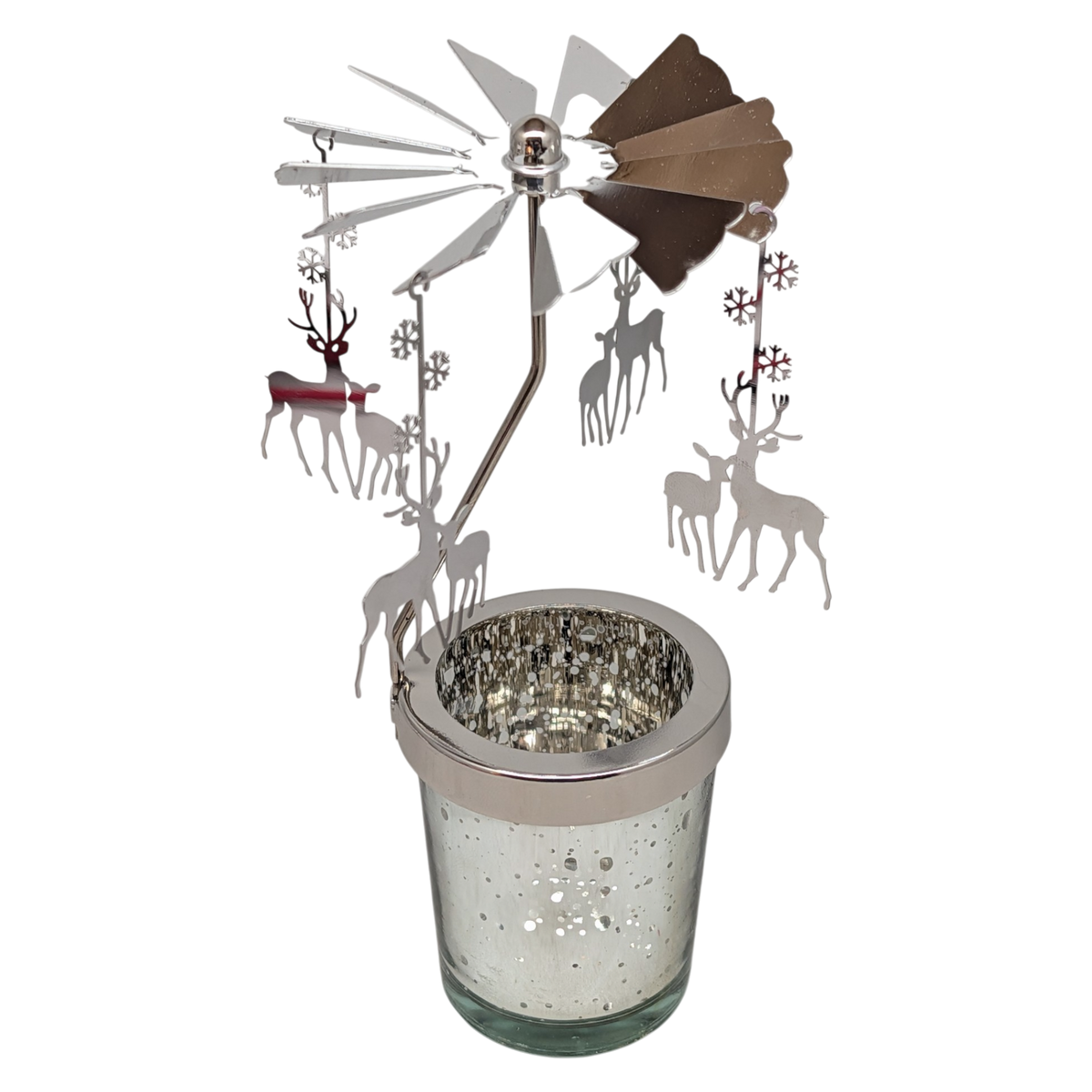 Starry Sky Rotating Candle Holder - Silver with Reindeer Dangles