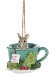 Holiday Mouse With Teacup Ornament - Holly Jolly