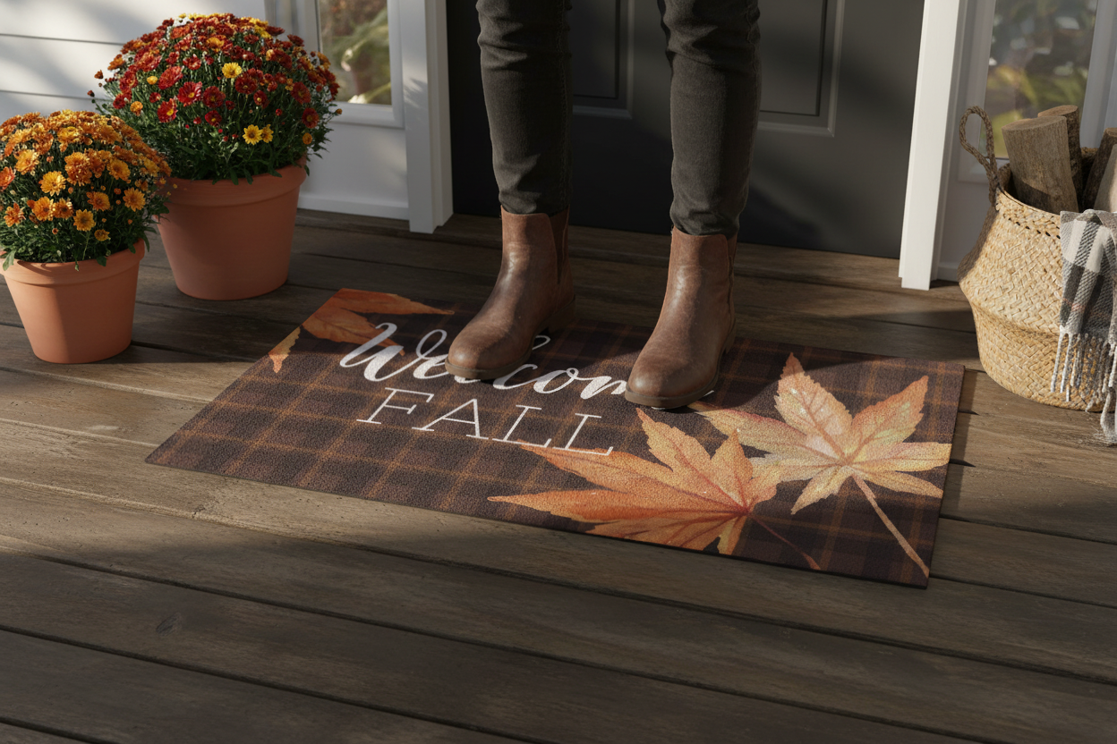 Plaid Maple Leaf "Welcome Fall" Mat