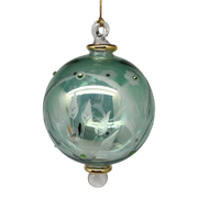 Etched Blown Glass Ball with Crystal Accents - Green