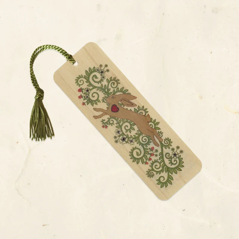 Leaping Hare Wood Bookmark with Tassel