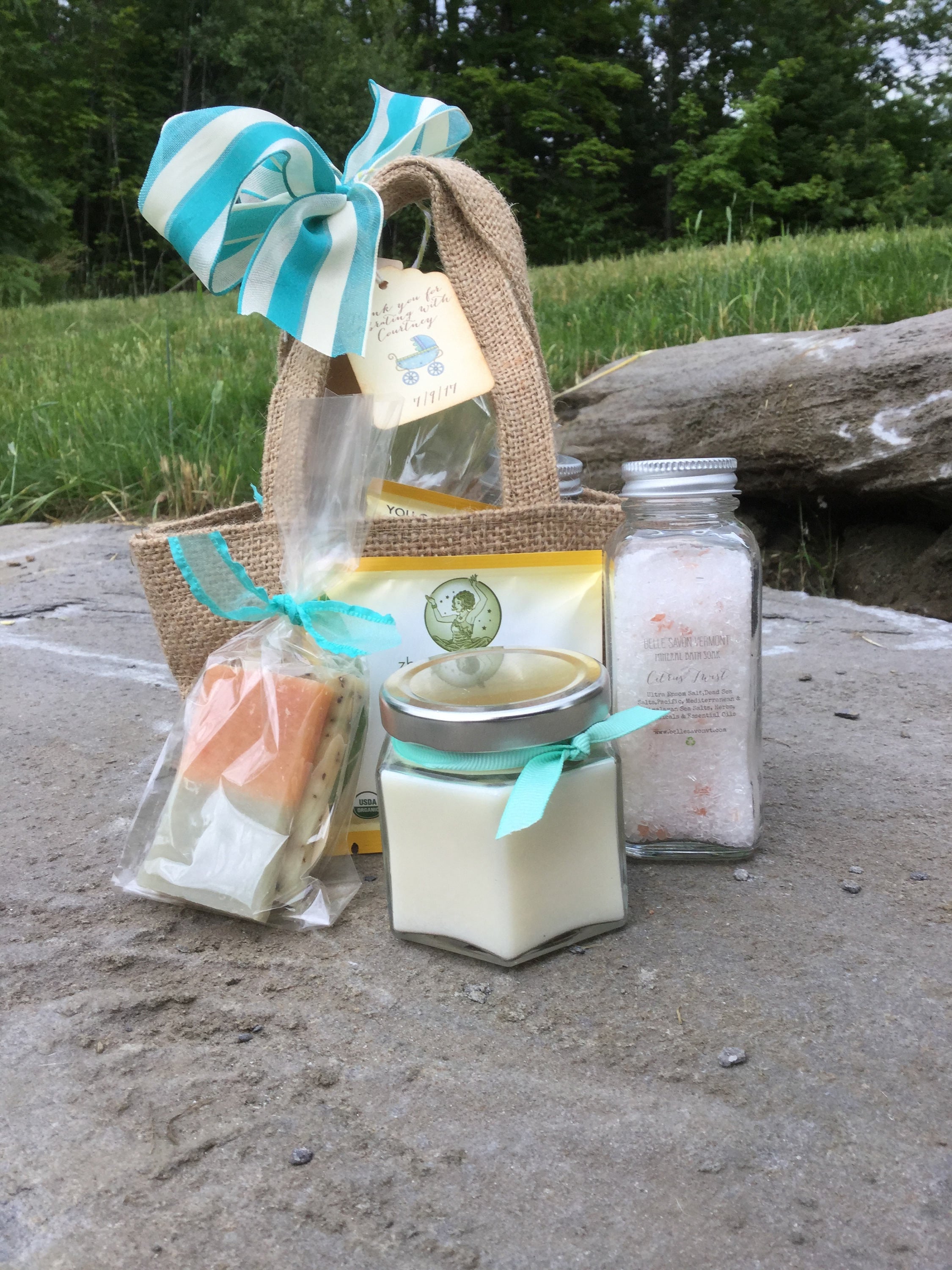 Pamper Me Spa Set with Mineral Bath, Soap, Candle and Tea -Artisan Soap and Bath Salts-Weddings-Bridal-Baby Showers-Belle Savon Vermont by Belle Savon Vermont