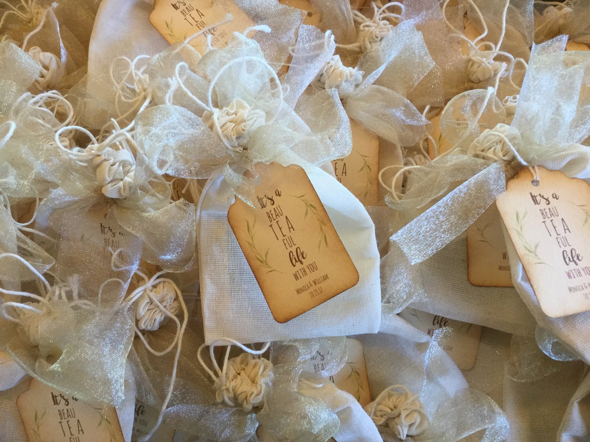 Tea Party Favor-Two Organic Teas in a Muslin Bag with Ribbons-Wedding-Bridal Shower-Baby Shower-Belle Savon Vermont by Belle Savon Vermont