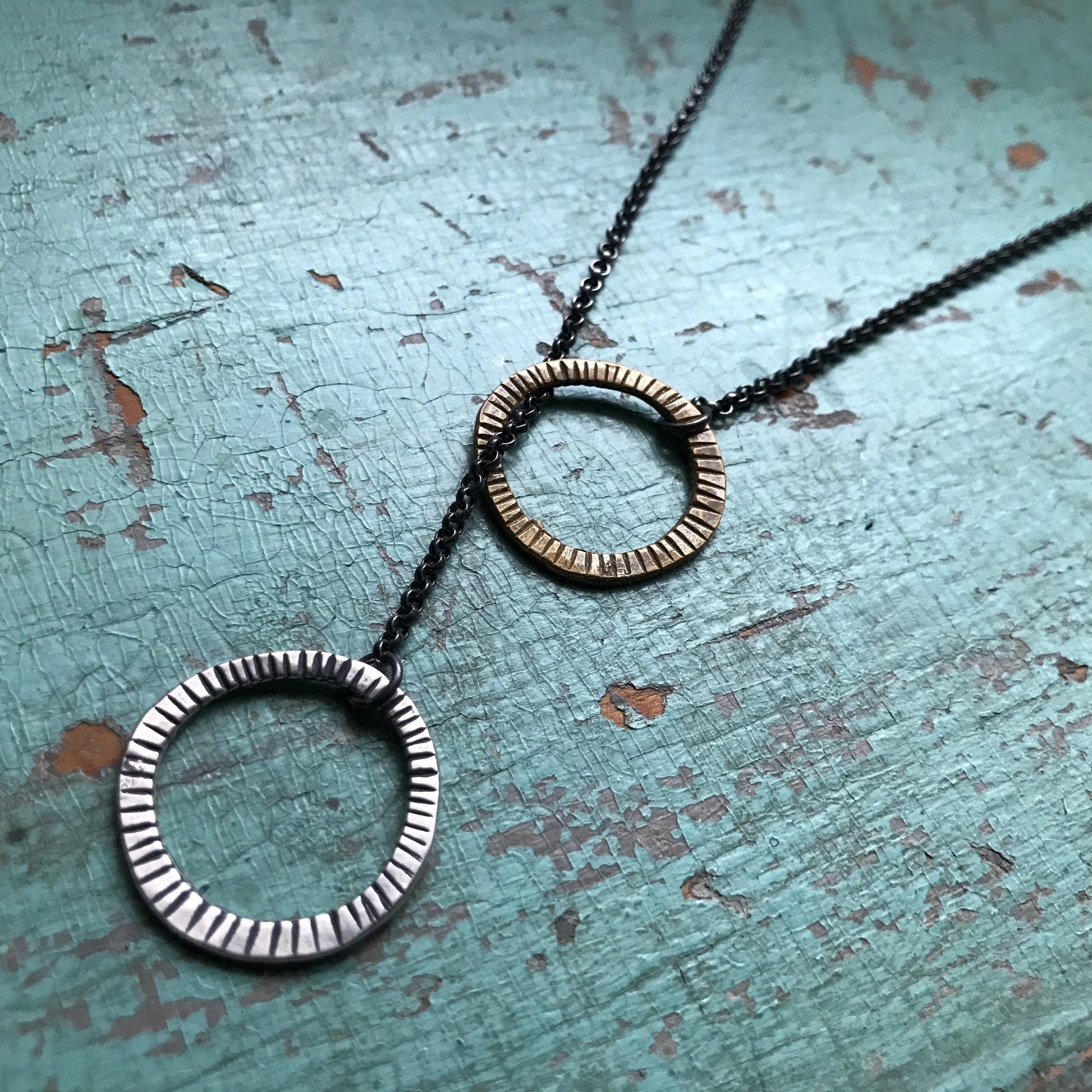 Carved Brass and Silver Lariat Necklace by jenkahnjewelry