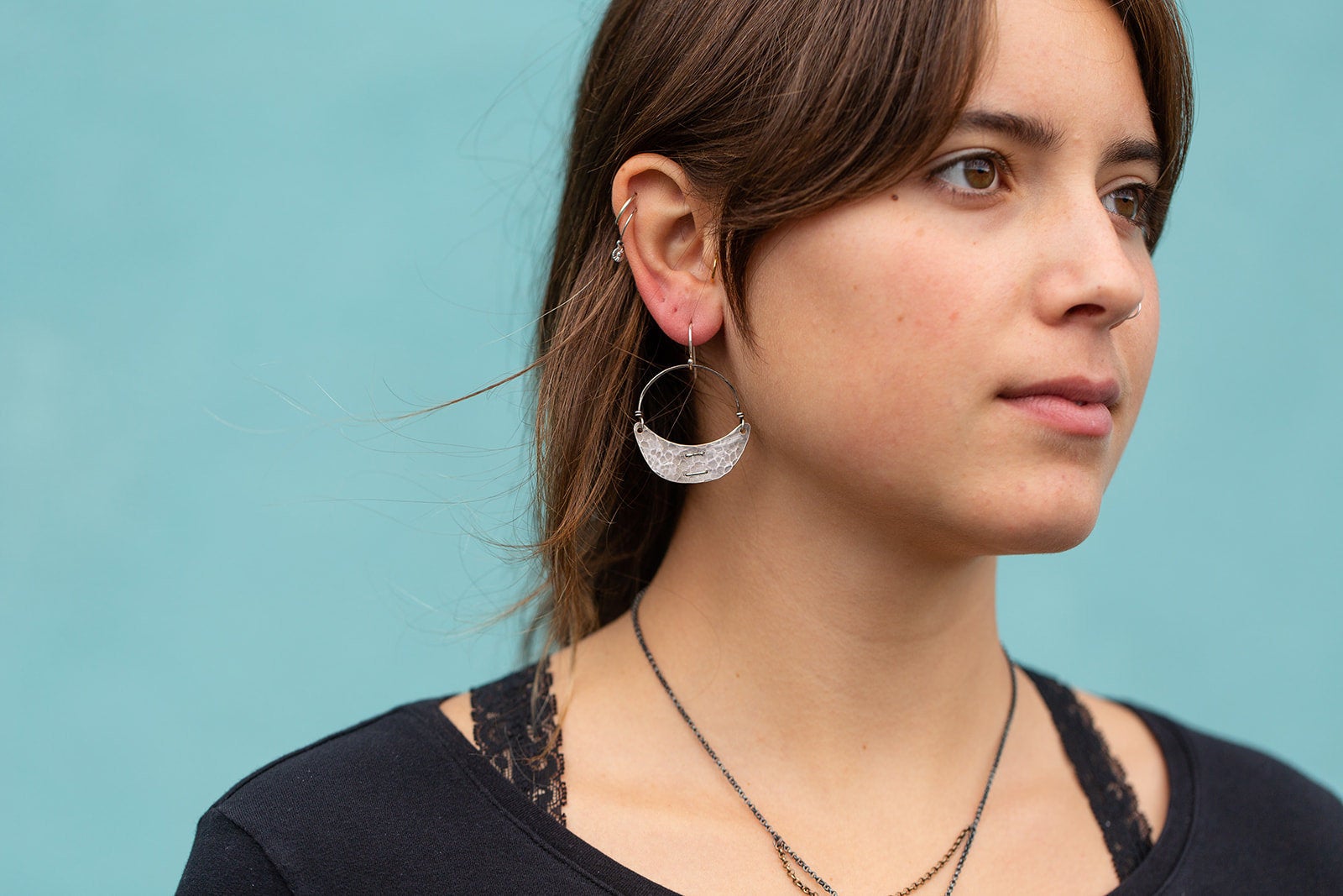 Stitched Sterling Silver Crescent Earrings by jenkahnjewelry