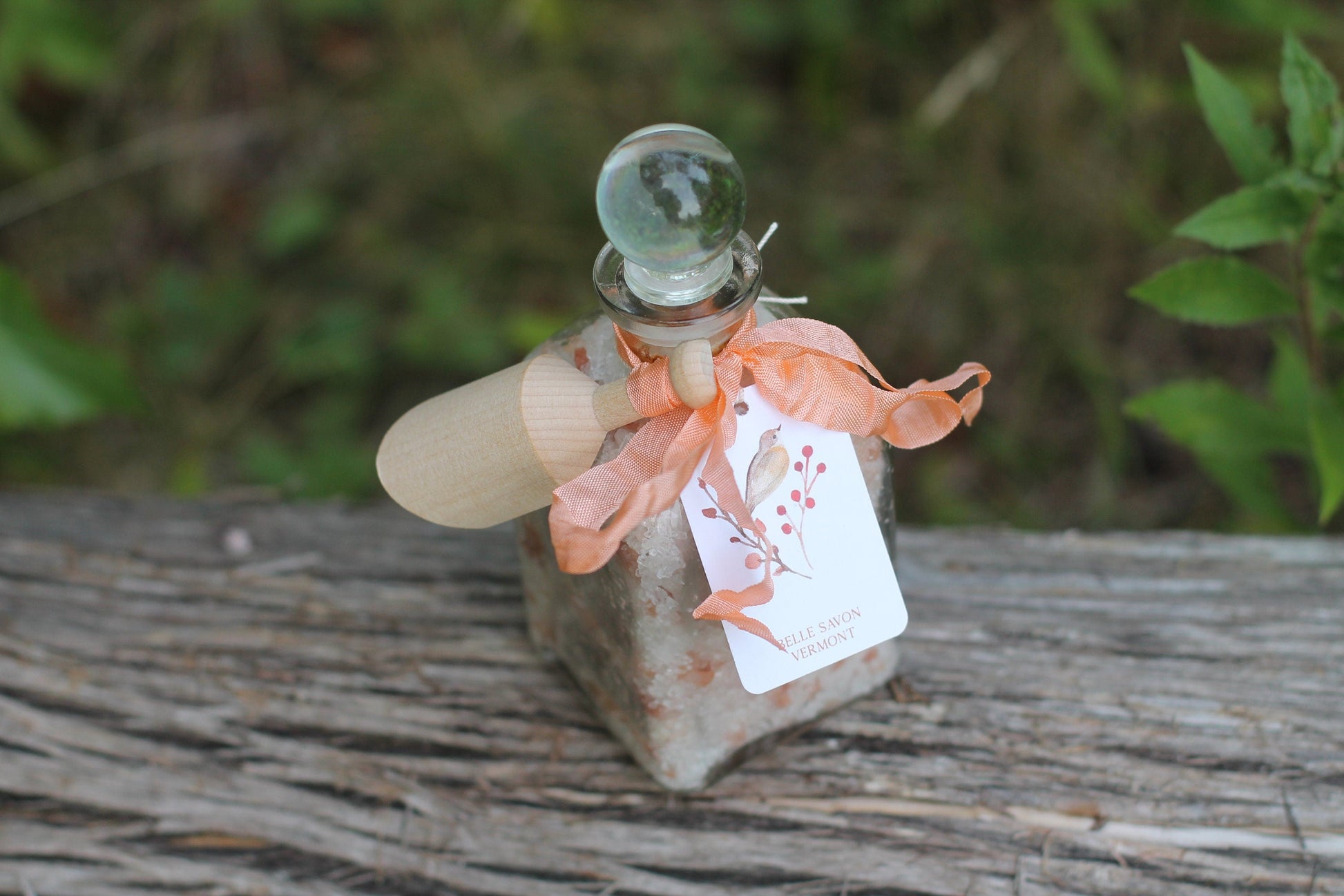 Aromatherapy Bath Soak-8.5oz Glass Bottle with Glass Top and Wooden Scoop by Belle Savon Vermont