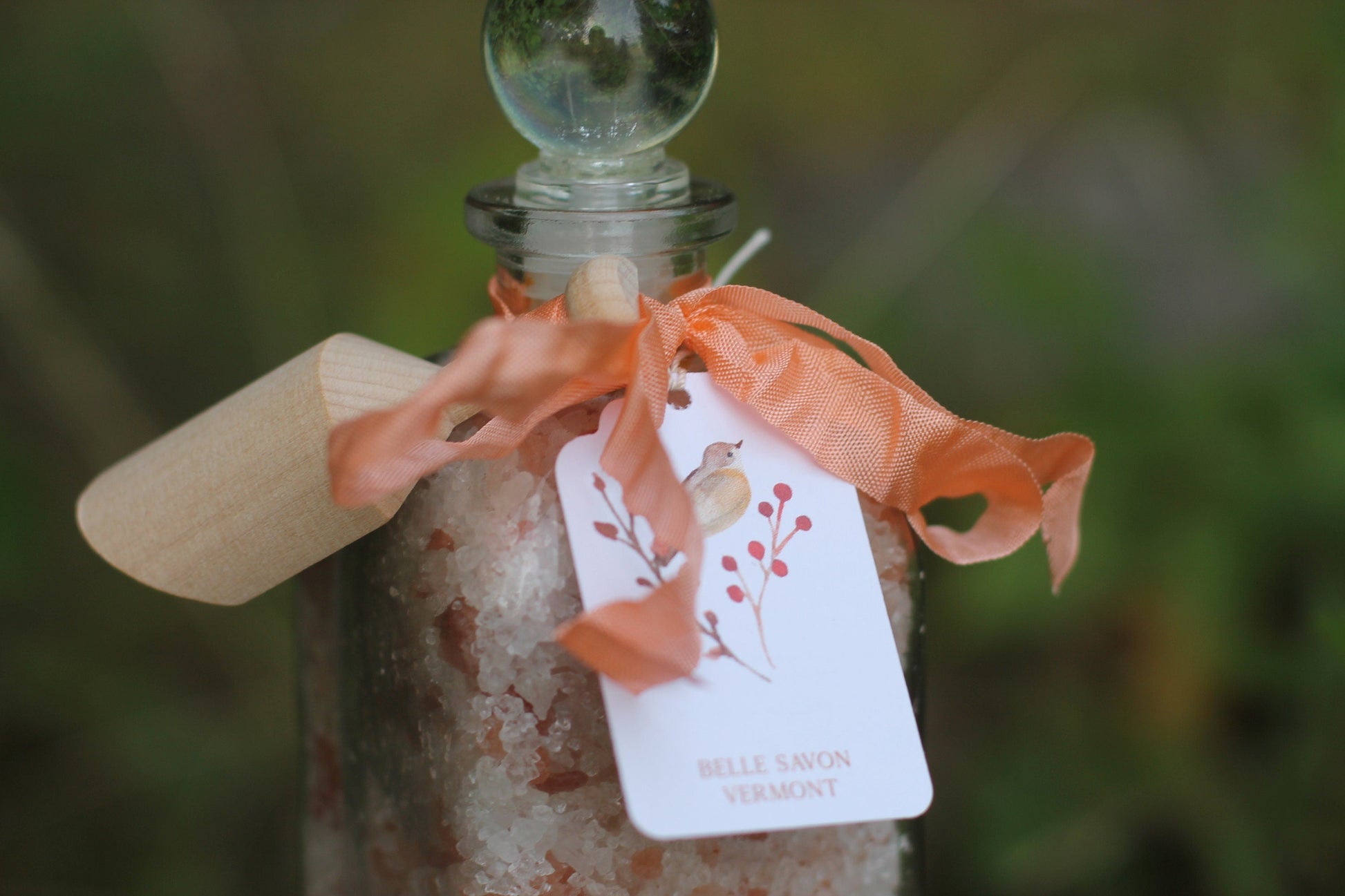 Aromatherapy Bath Soak-8.5oz Glass Bottle with Glass Top and Wooden Scoop by Belle Savon Vermont