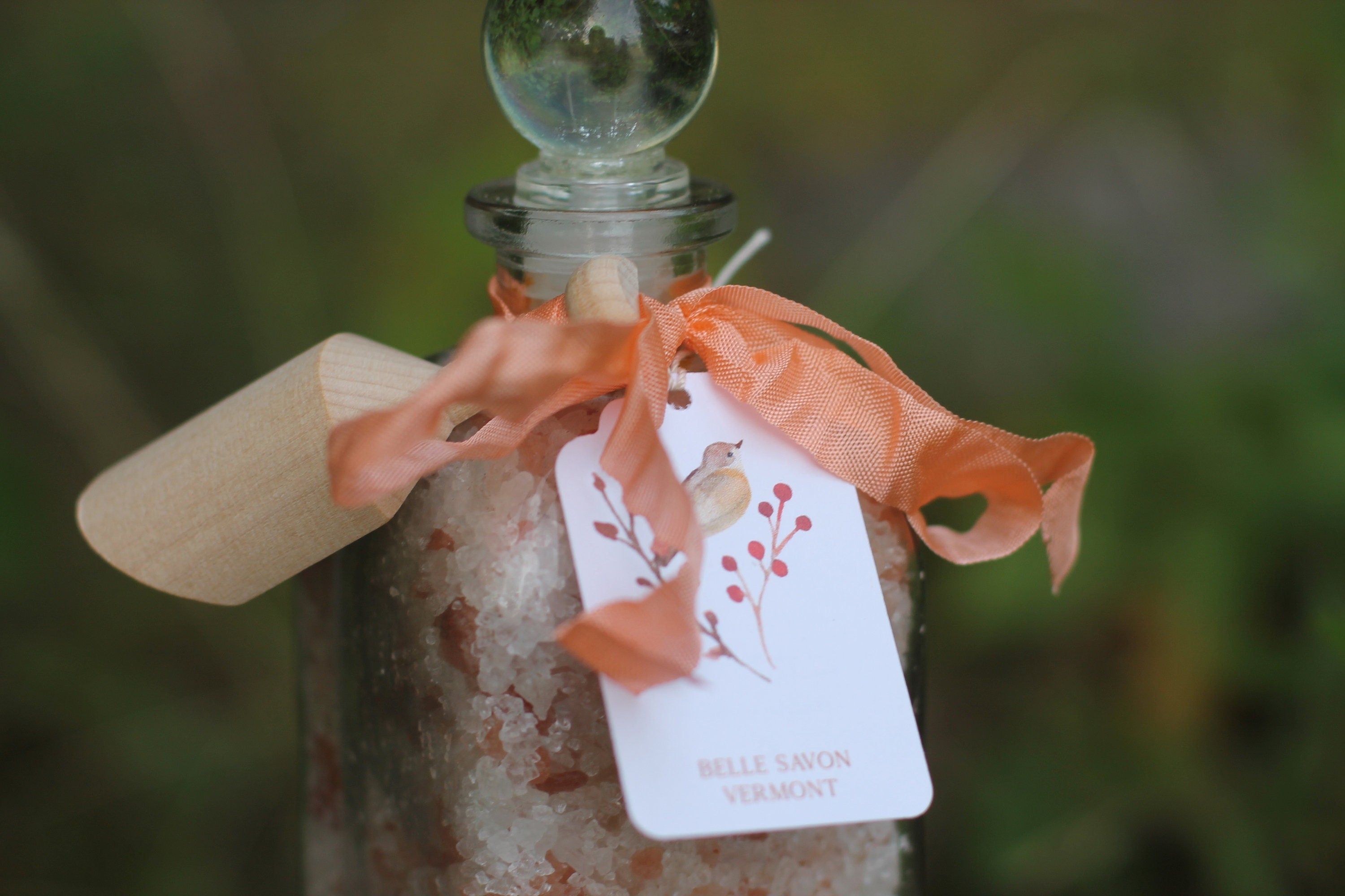 Aromatherapy Bath Soak-8.5oz Glass Bottle with Glass Top and Wooden Scoop by Belle Savon Vermont