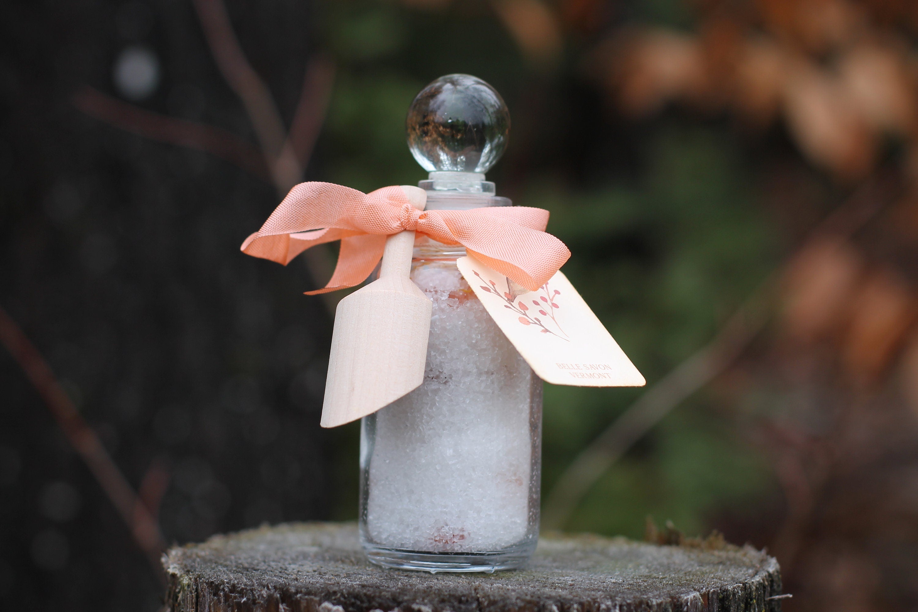 Aromatherapy Bath Soak-3oz Recycled Glass Bottle with Glass Top and Wooden Scoop by Belle Savon Vermont