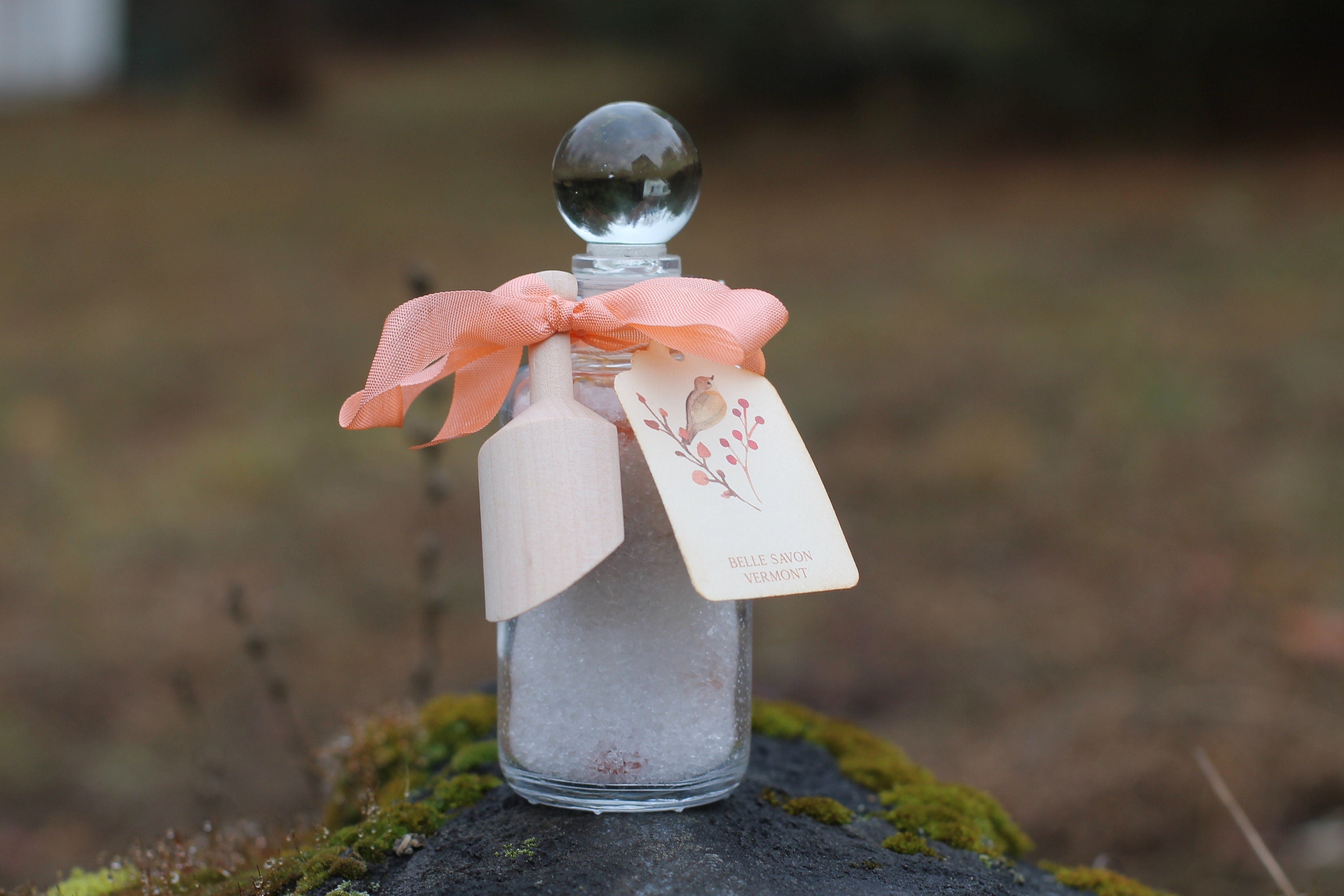 Aromatherapy Bath Soak-3oz Recycled Glass Bottle with Glass Top and Wooden Scoop by Belle Savon Vermont