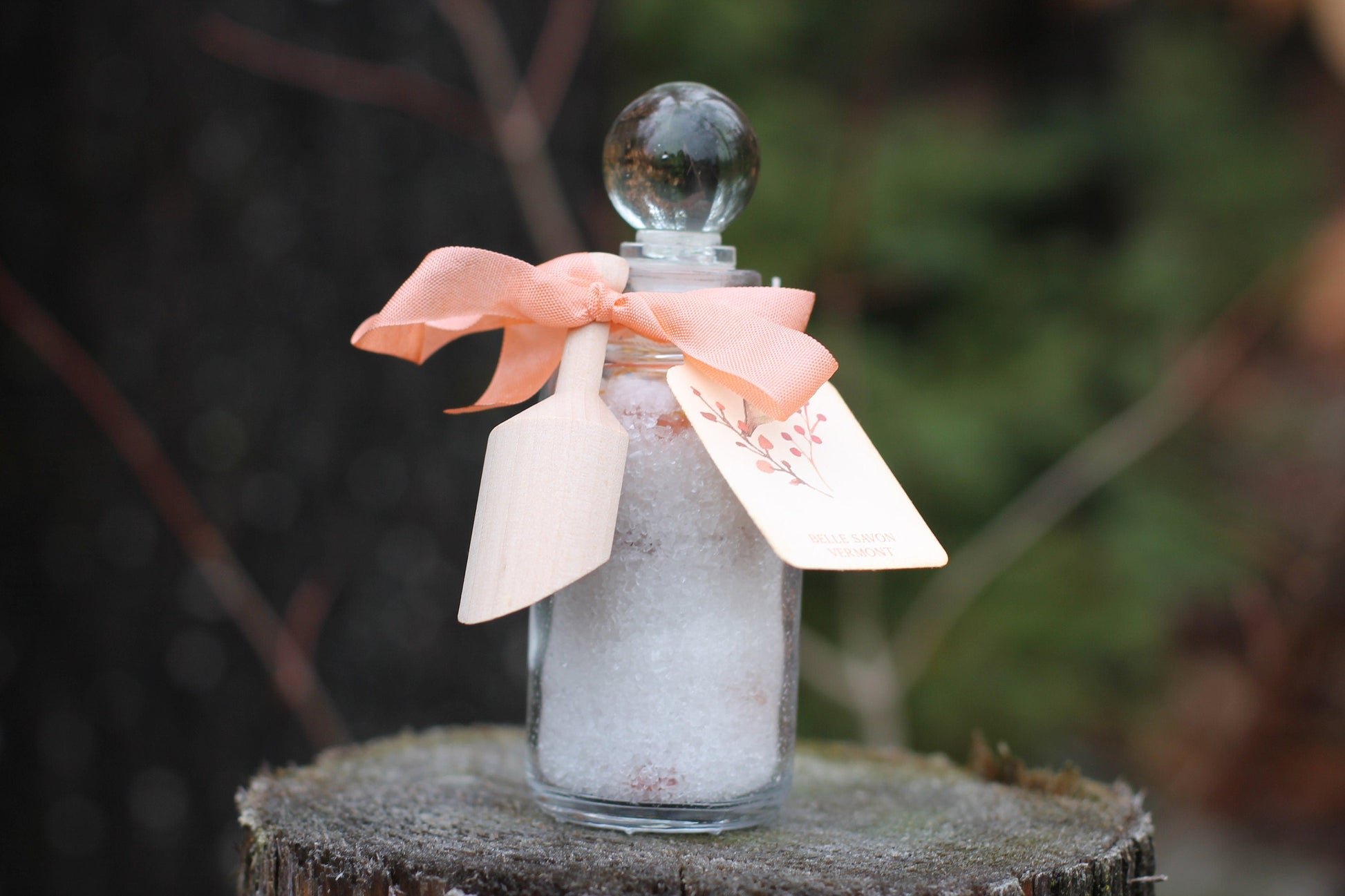 Aromatherapy Bath Soak-3oz Recycled Glass Bottle with Glass Top and Wooden Scoop by Belle Savon Vermont