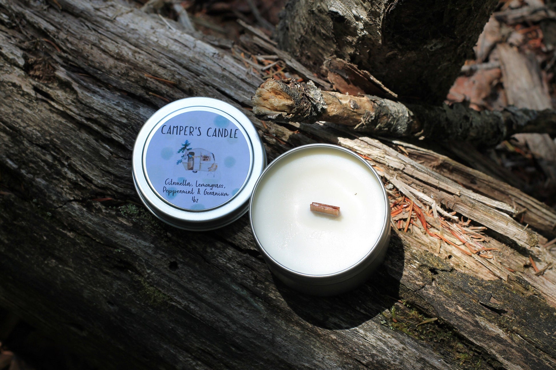 Camper Candle, Citronella Candle, Stop Bugging Me, Wood Wick Candle Tin, Vermont Travel Candle by Belle Savon Vermont