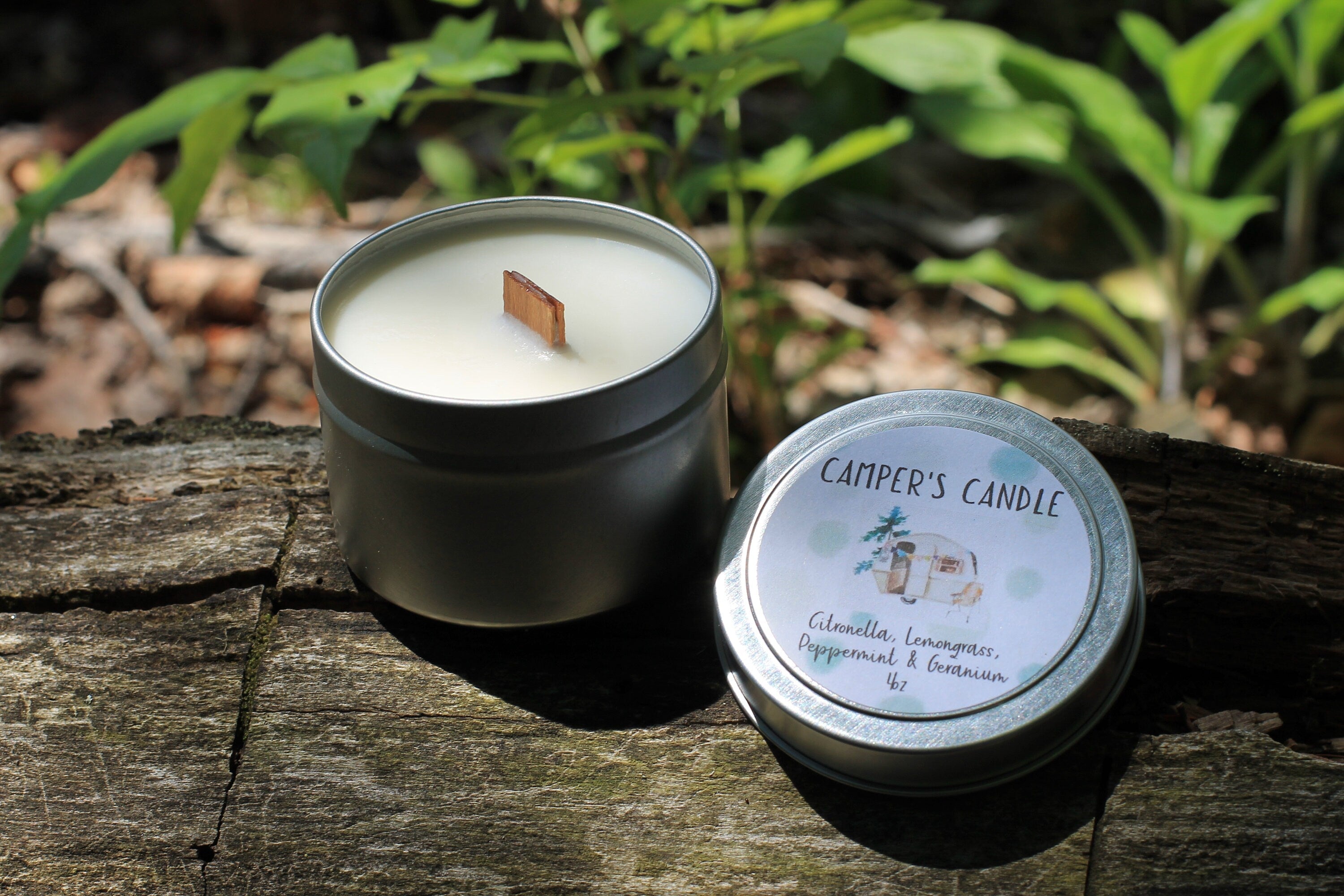 Camper Candle, Citronella Candle, Stop Bugging Me, Wood Wick Candle Tin, Vermont Travel Candle by Belle Savon Vermont