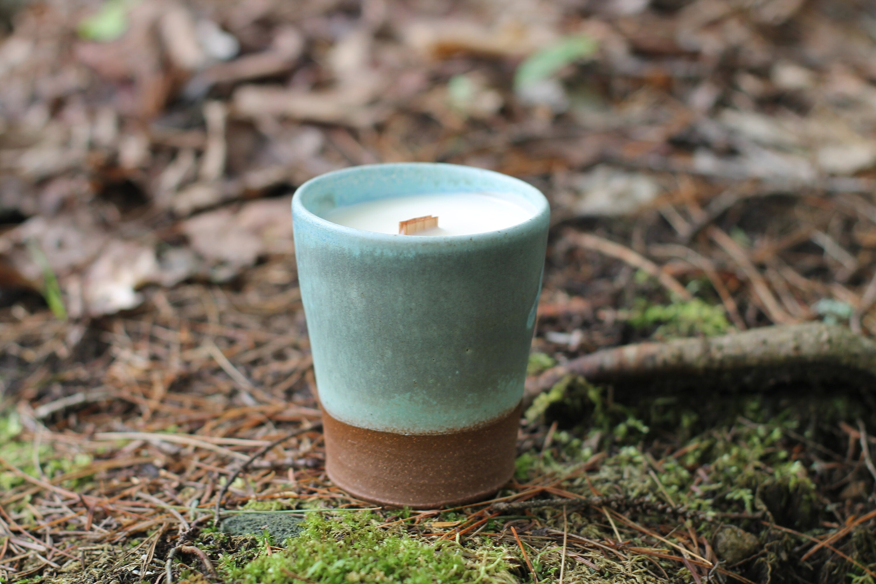 Hand poured Demi Coffee/Tea Pottery Candle, Wooden Wick Candle, Cottage Cozy, Intentional, Minimalist, Boho Chic, Decor by Belle Savon Vermont