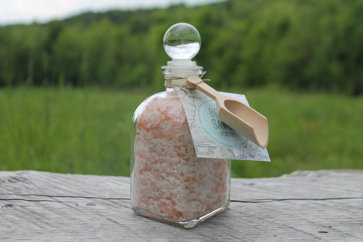Aromatherapy Bath Soak-8.5oz Glass Bottle with Glass Top and Wooden Scoop by Belle Savon Vermont