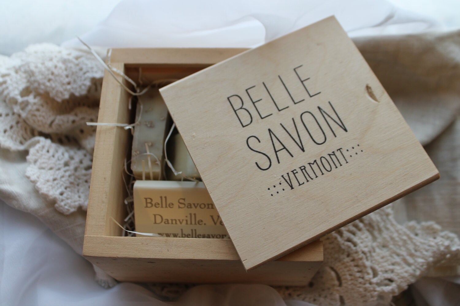 Artisan Soap and Soy Candle Gift Set in Vermont Wooden Box -Bridal Party-Hostess Gift by Belle Savon Vermont